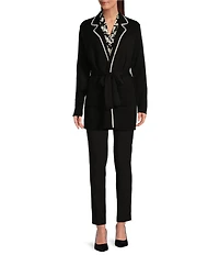 Calvin Klein Contrast Tie-Front Notch Lapel Long Sleeve Sweater