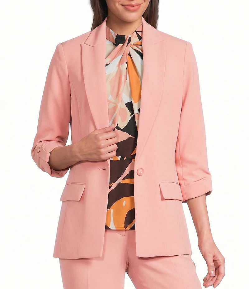 Calvin Klein Coordinating Crepe Notch Collar Roll Tab Sleeve Open Front Jacket