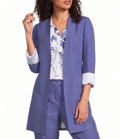 Calvin Klein Coordinating Linen Blend Collarless 3/4 Sleeve Open Front Blazer