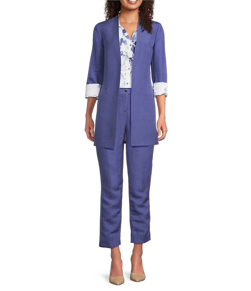 Calvin Klein Coordinating Linen Blend Collarless 3/4 Sleeve Open Front Blazer