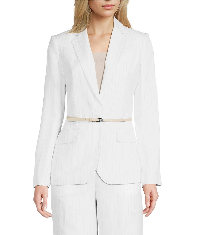 Calvin Klein Coordinating Linen Blend Stripe Notch Lapel Long Sleeve Belted Jacket