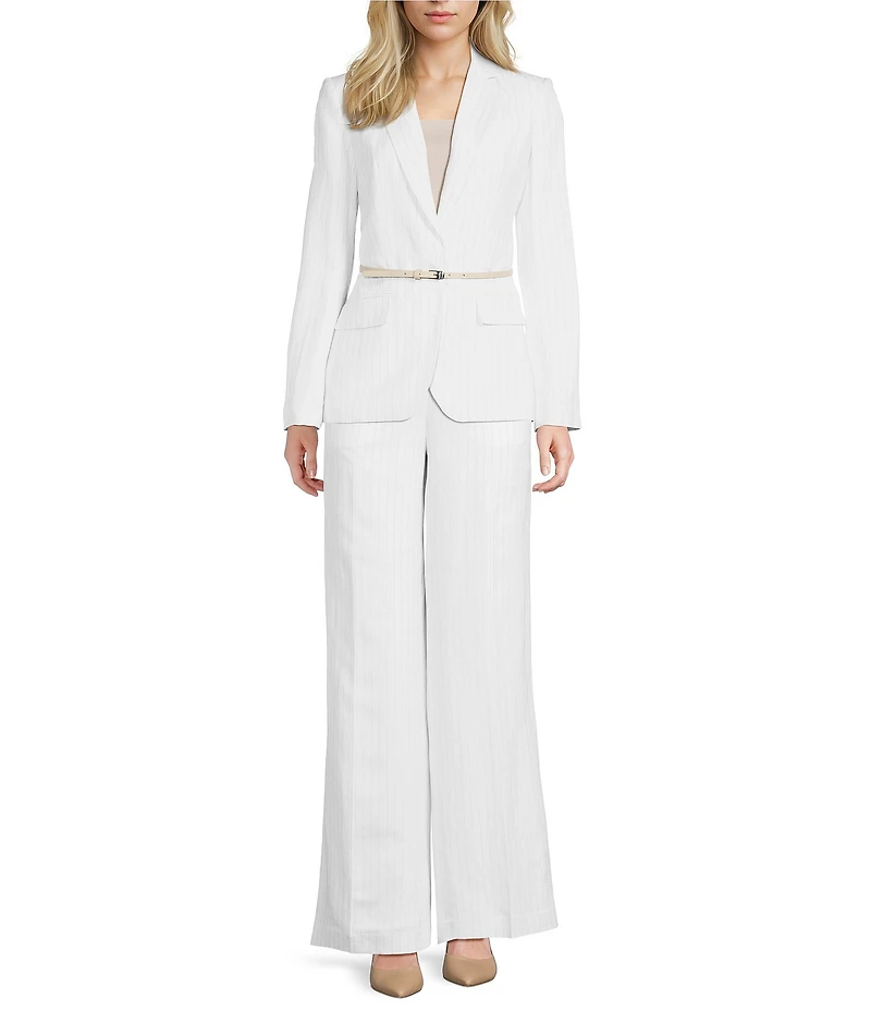 Calvin Klein Coordinating Linen Blend Stripe Notch Lapel Long Sleeve Belted Jacket