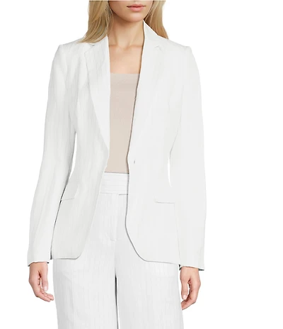 Calvin Klein Coordinating Linen Blend Stripe Notch Lapel Long Sleeve Belted Jacket