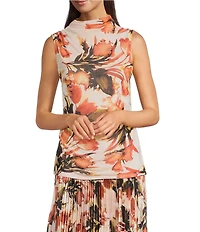 Calvin Klein Coordinating Mesh Knit Floral Mock Neck Sleeveless Top