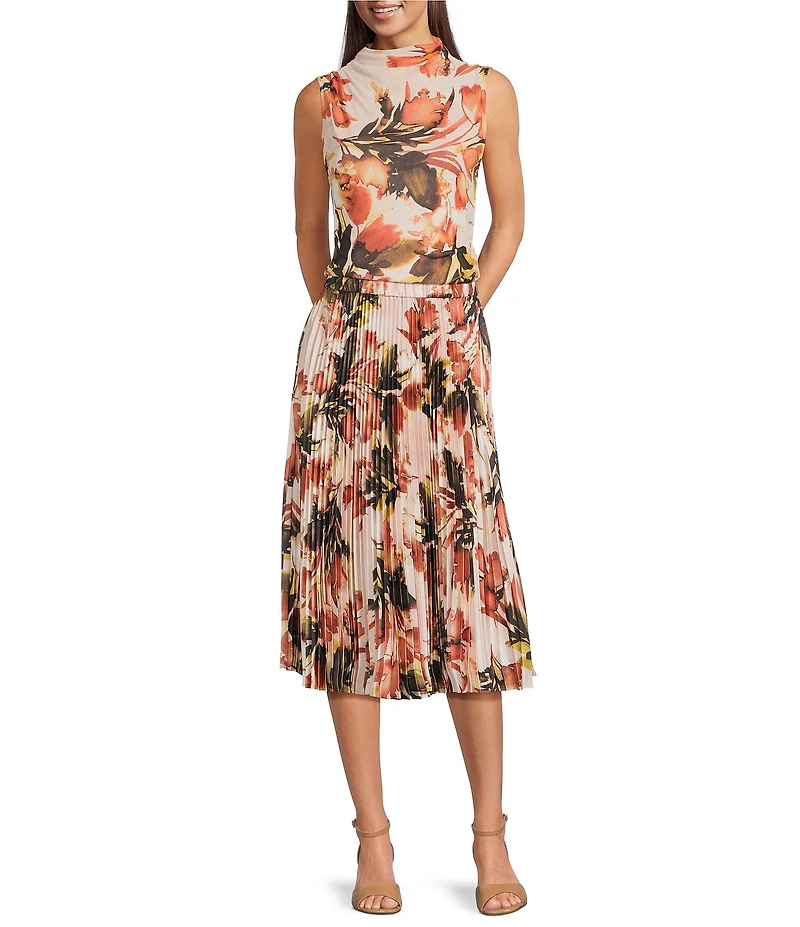 Calvin Klein Coordinating Printed Pleated Pull-On Midi Skirt
