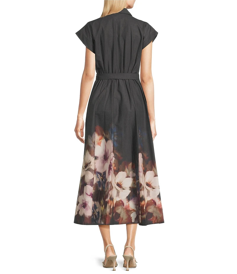 Calvin Klein Cotton Sateen Floral Print Collar Neckline Short Sleeve Maxi Shirt Dress