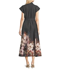 Calvin Klein Cotton Sateen Floral Print Collar Neckline Short Sleeve Maxi Shirt Dress