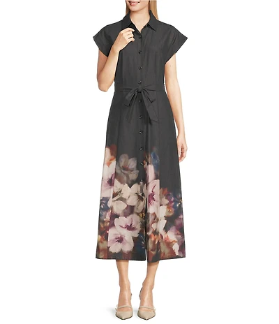 Calvin Klein Cotton Sateen Floral Print Collar Neckline Short Sleeve Maxi Shirt Dress