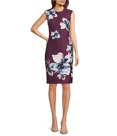 Calvin Klein Crew Neck Floral Scuba Crepe Sheath Dress