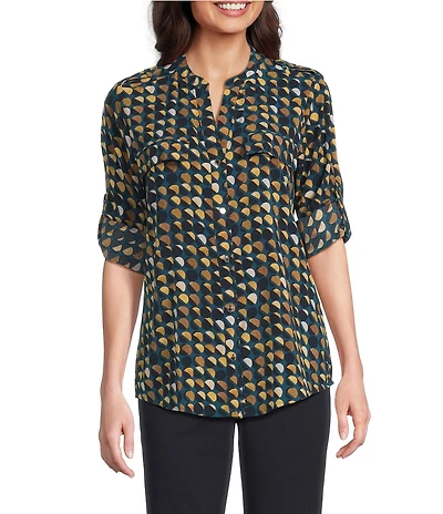 Calvin Klein Crew Neck Roll Tab Sleeve Button Front Blouse