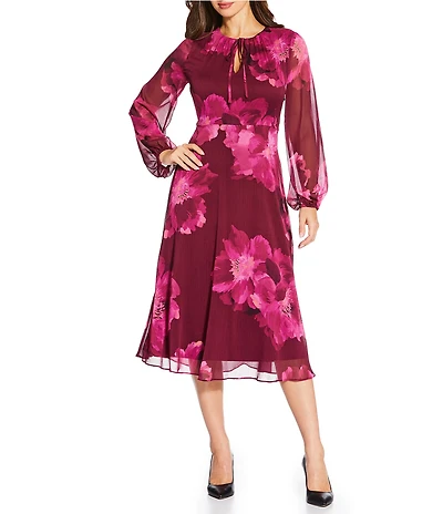 Calvin Klein Crinkle Chiffon Crew Neck Floral Print Long Sleeve Midi Dress