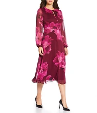 Calvin Klein Crinkle Chiffon Crew Neck Floral Print Long Sleeve Midi Dress