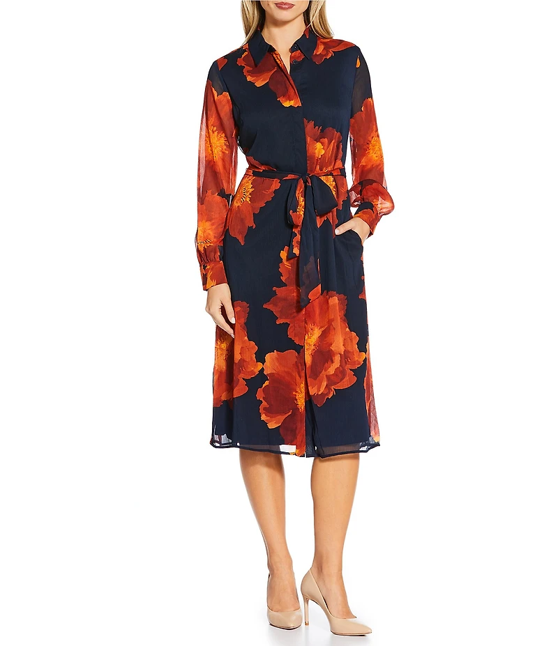 Calvin Klein Crinkle Chiffon Floral Print Long Sleeve Midi Shirt Dress