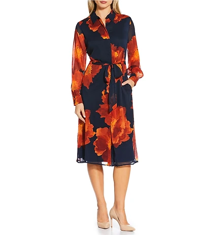 Calvin Klein Crinkle Chiffon Floral Print Long Sleeve Midi Shirt Dress
