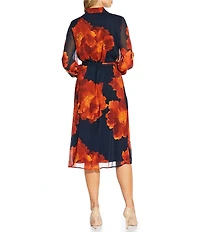 Calvin Klein Crinkle Chiffon Floral Print Long Sleeve Midi Shirt Dress