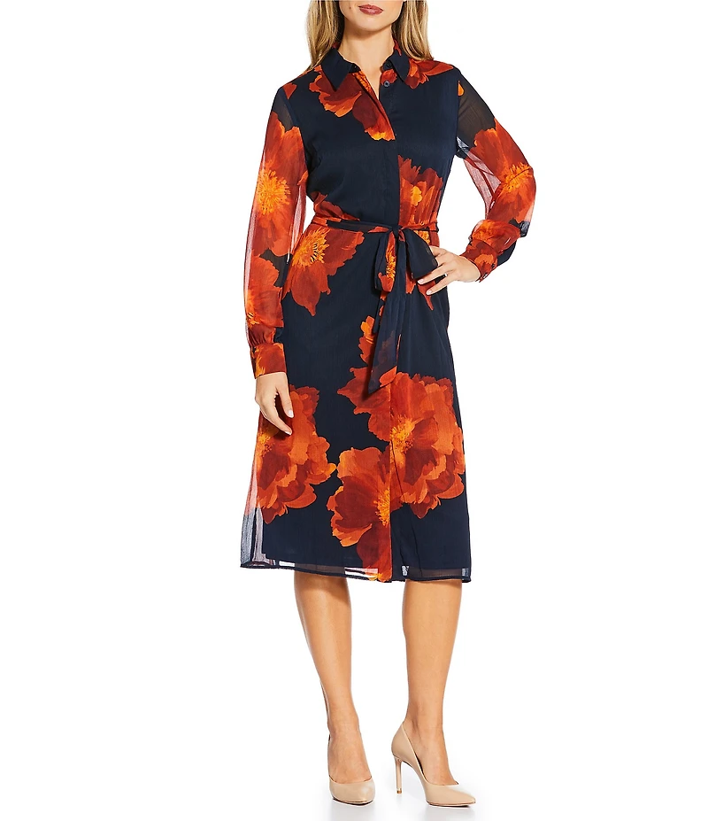 Calvin Klein Crinkle Chiffon Floral Print Long Sleeve Midi Shirt Dress