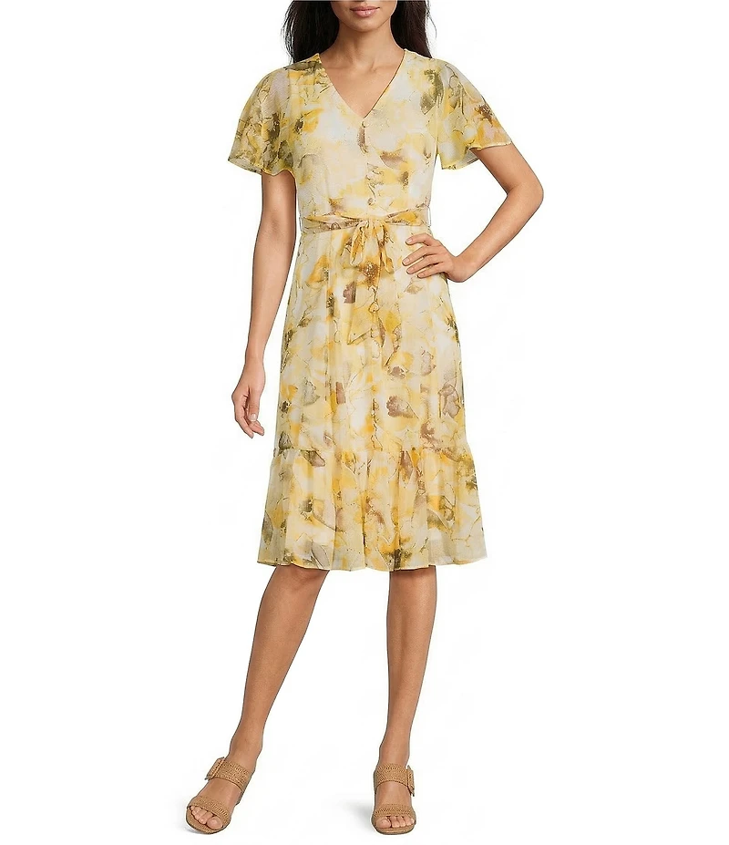 Calvin Klein Crinkle Chiffon Floral Print Tiered Dress