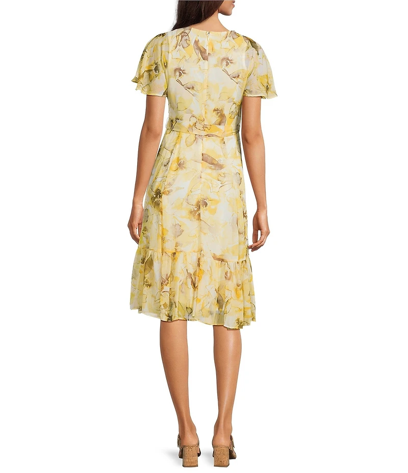 Calvin Klein Crinkle Chiffon Floral Print Tiered Dress