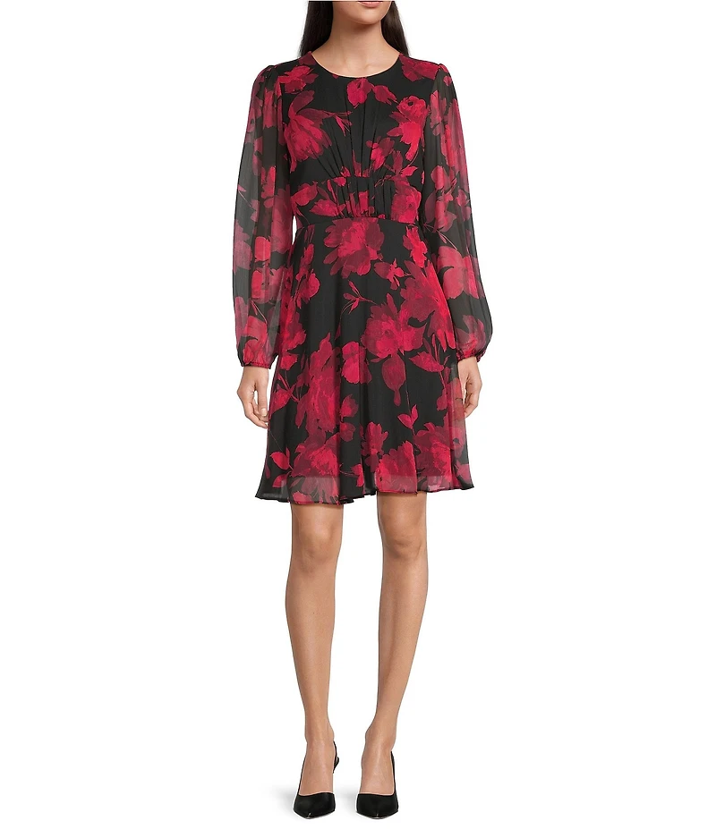 Calvin Klein Crinkle Chiffon Round Neck Long Sleeve Floral Print Dress