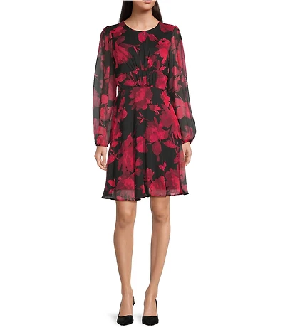 Calvin Klein Crinkle Chiffon Round Neck Long Sleeve Floral Print Dress