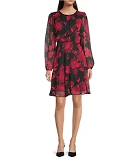 Calvin Klein Crinkle Chiffon Round Neck Long Sleeve Floral Print Dress
