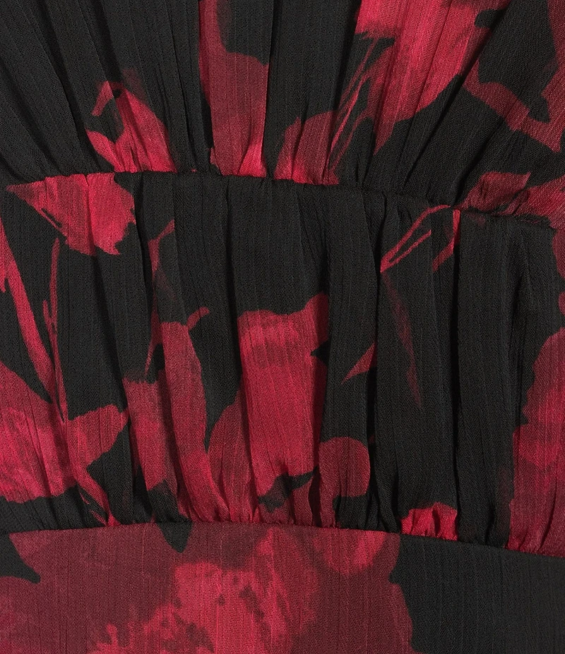 Calvin Klein Crinkle Chiffon Round Neck Long Sleeve Floral Print Dress