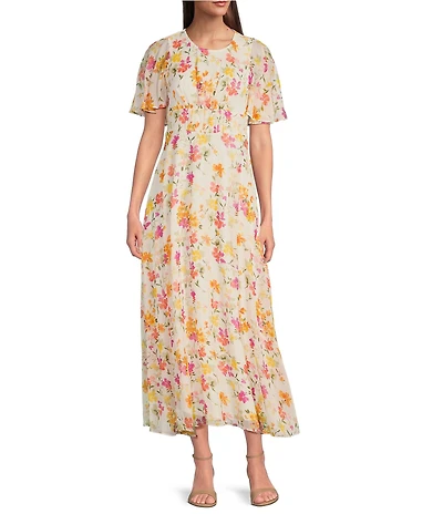 Calvin Klein Crinkled Chiffon Floral Print Midi Dress