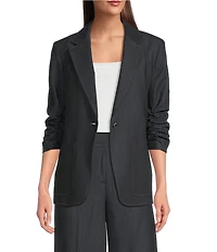 Calvin Klein Dressy Faux Denim Notch Collar Ruched 3/4 Sleeve Button Front Jacket