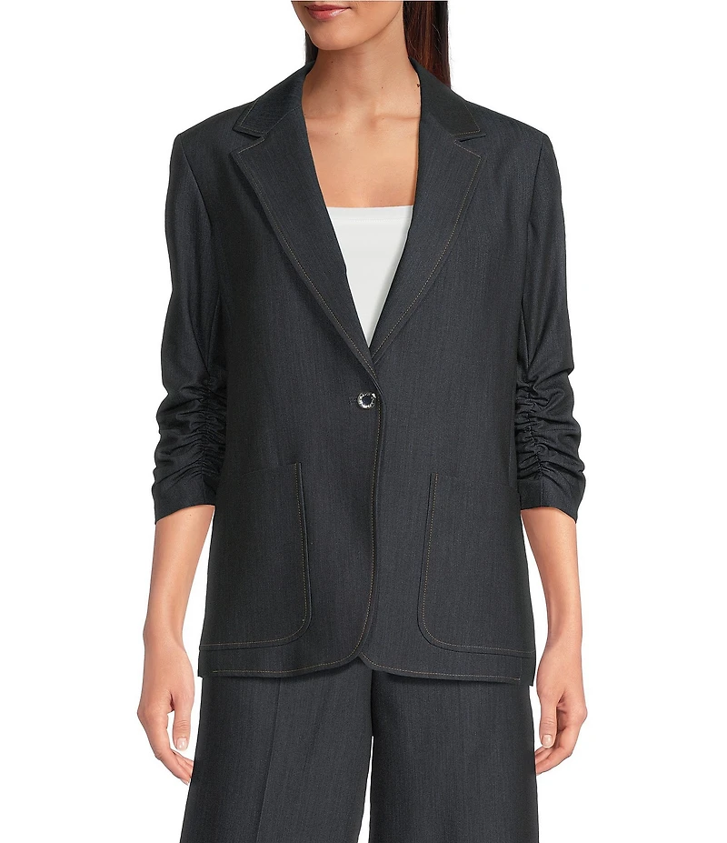 Calvin Klein Dressy Faux Denim Notch Collar Ruched 3/4 Sleeve Button Front Jacket