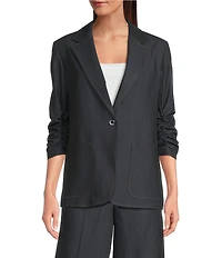 Calvin Klein Dressy Faux Denim Notch Collar Ruched 3/4 Sleeve Button Front Jacket