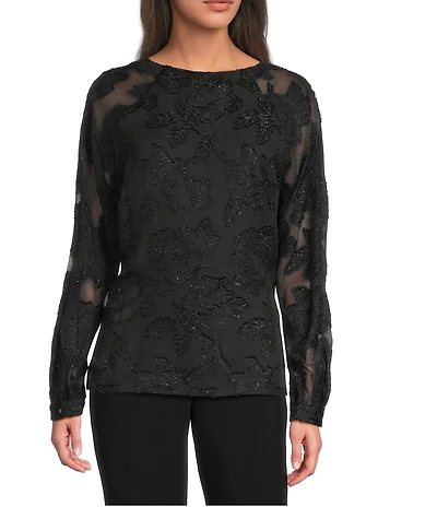 Calvin Klein Floral Burnout Chiffon Crew Neck Raglan Long Sleeve Blouse