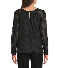 Calvin Klein Floral Burnout Chiffon Crew Neck Raglan Long Sleeve Blouse