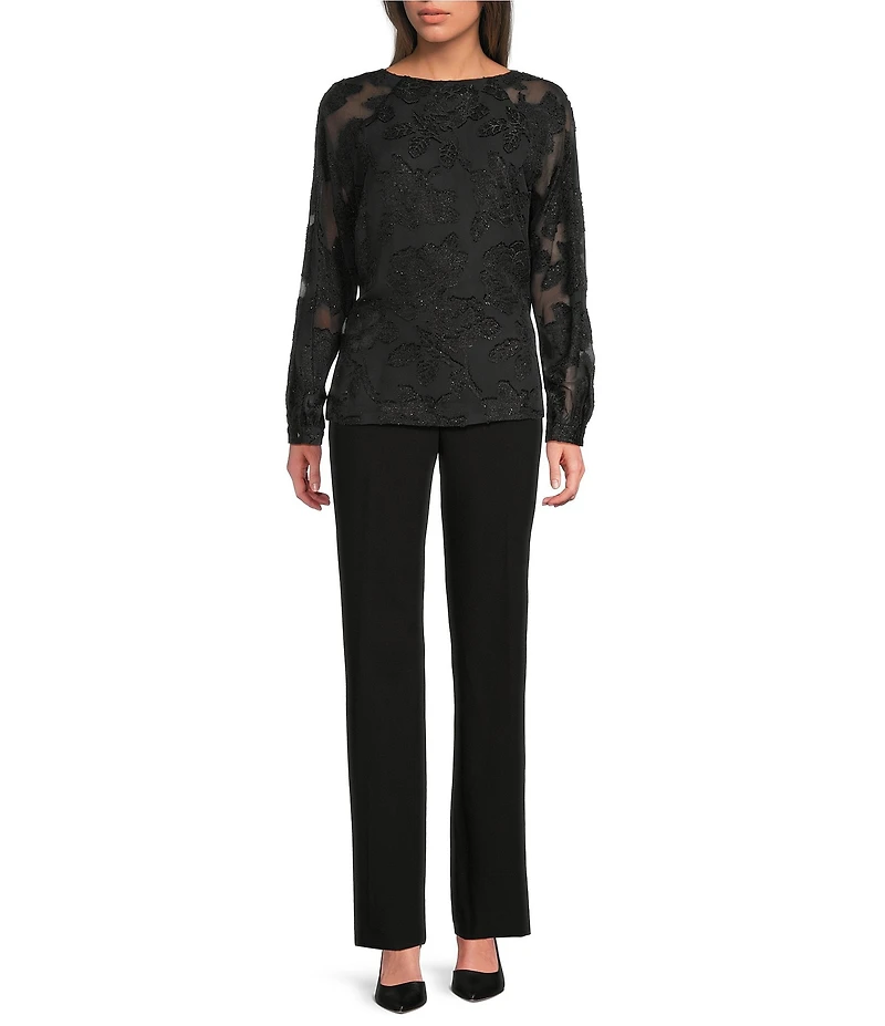 Calvin Klein Floral Burnout Chiffon Crew Neck Raglan Long Sleeve Blouse