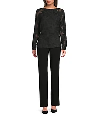 Calvin Klein Floral Burnout Chiffon Crew Neck Raglan Long Sleeve Blouse