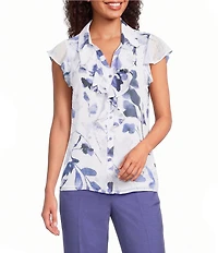 Calvin Klein Floral Chiffon Flutter Sleeve Point Collar Ruffle Button Front Blouse