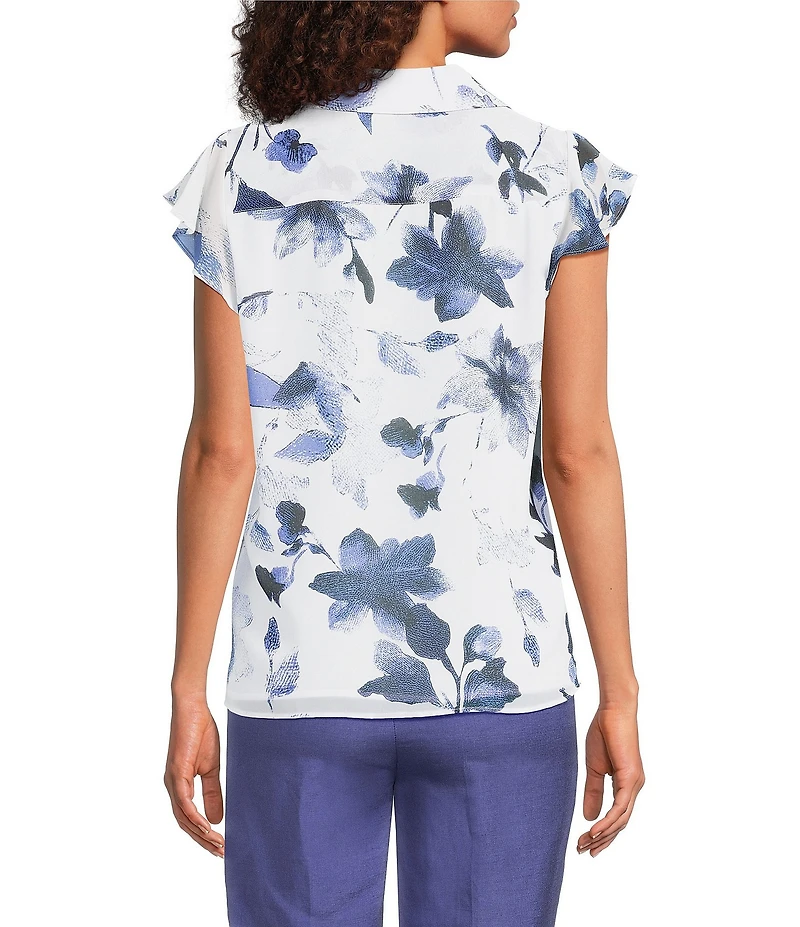 Calvin Klein Floral Chiffon Flutter Sleeve Point Collar Ruffle Button Front Blouse
