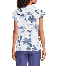 Calvin Klein Floral Chiffon Flutter Sleeve Point Collar Ruffle Button Front Blouse