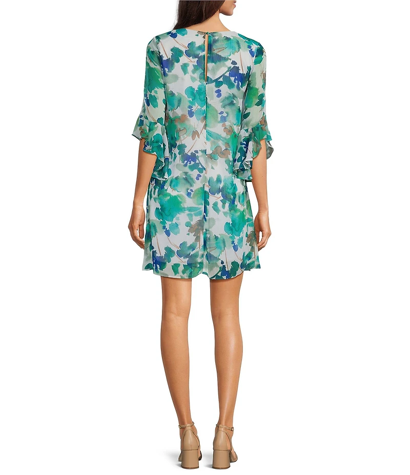 Calvin Klein Floral Chiffon V-Neck 3/4 Sleeve Shift Dress