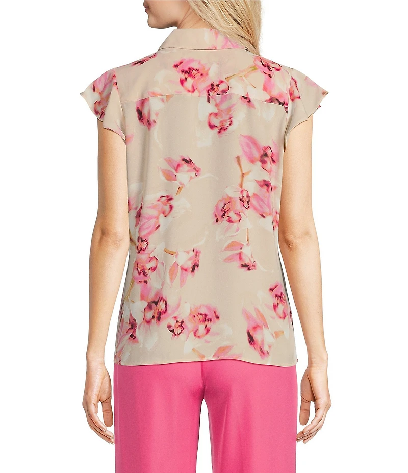 Calvin Klein Floral Flutter Sleeve Collared Ruffle Button Front Blouse