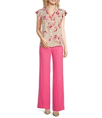 Calvin Klein Floral Flutter Sleeve Collared Ruffle Button Front Blouse