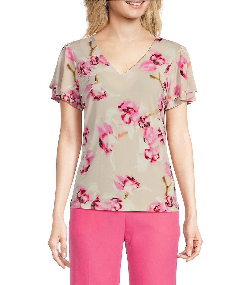 Calvin Klein Floral Matte Jersey V-Neck Flutter Short Sleeve Top