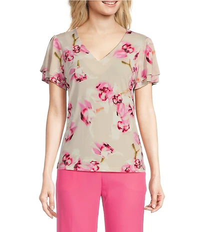 Calvin Klein Floral Matte Jersey V-Neck Flutter Short Sleeve Top