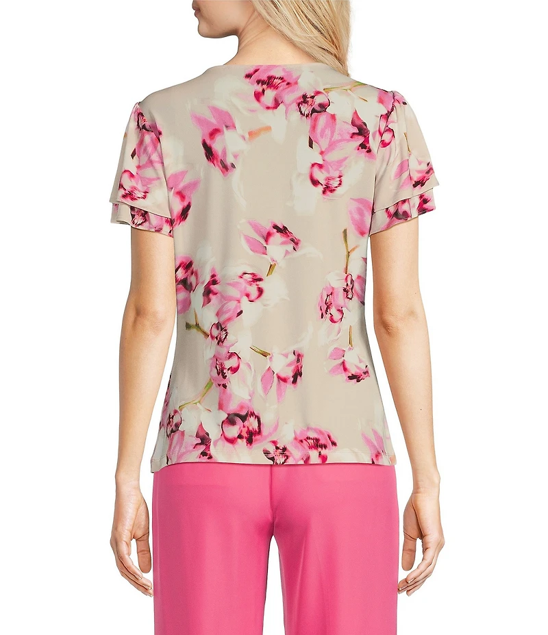 Calvin Klein Floral Matte Jersey V-Neck Flutter Short Sleeve Top