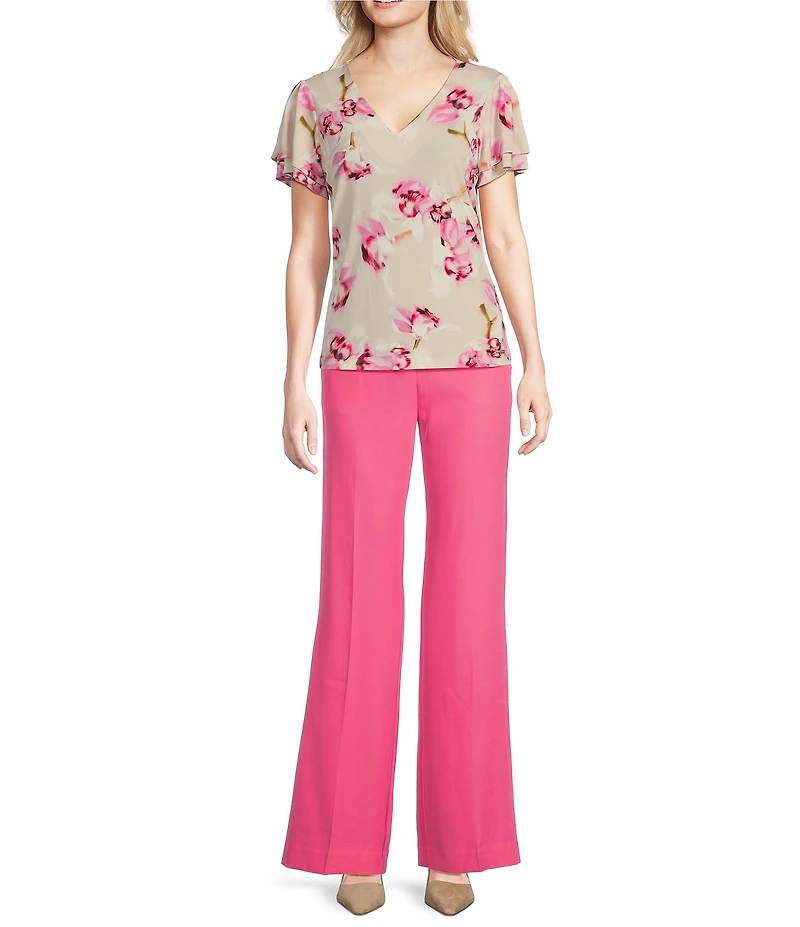 Calvin Klein Floral Matte Jersey V-Neck Flutter Short Sleeve Top