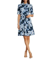 Calvin Klein Floral Print Cotton Poplin Collared Neck Short Sleeve Belted Shirt Dress