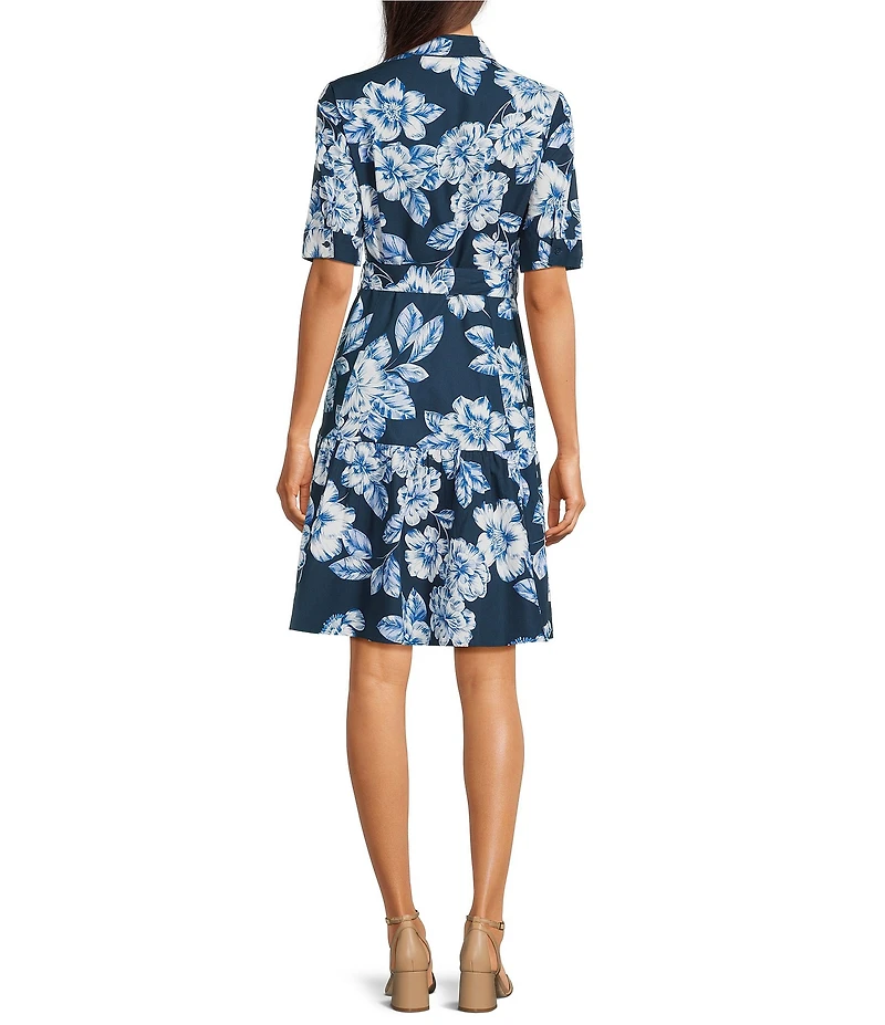 Calvin Klein Floral Print Cotton Poplin Collared Neck Short Sleeve Belted Shirt Dress