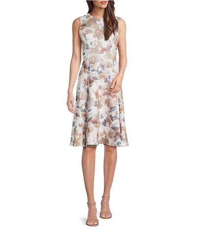 Calvin Klein Floral Print Crew Neck Sleeveless Fit and Flare Midi Dress