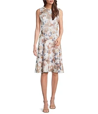 Calvin Klein Floral Print Crew Neck Sleeveless Fit and Flare Midi Dress