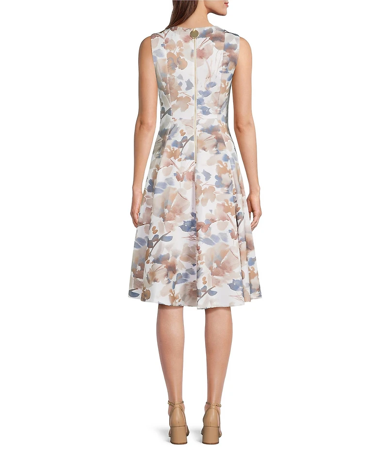Calvin Klein Floral Print Crew Neck Sleeveless Fit and Flare Midi Dress