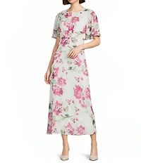 Calvin Klein Floral Print Crinkle Chiffon Round Neck Short Flutter Sleeve Dress